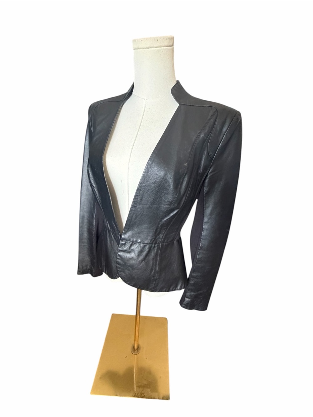 Bebe  Black Leather Collarles Deep V Peplum Waist Women's Jacket Sz Med